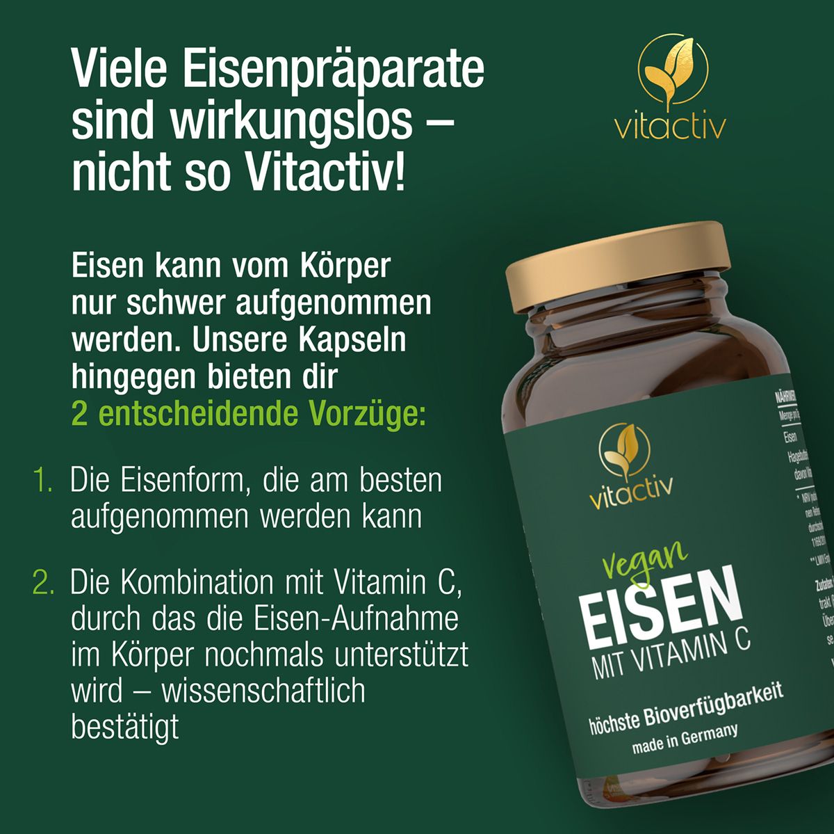 Glasflasche mit grüner Banderole. Text: Vitactiv Vegan Eisen mit Vitamin C. Text über Vorteile und Inhaltsstoffe.
