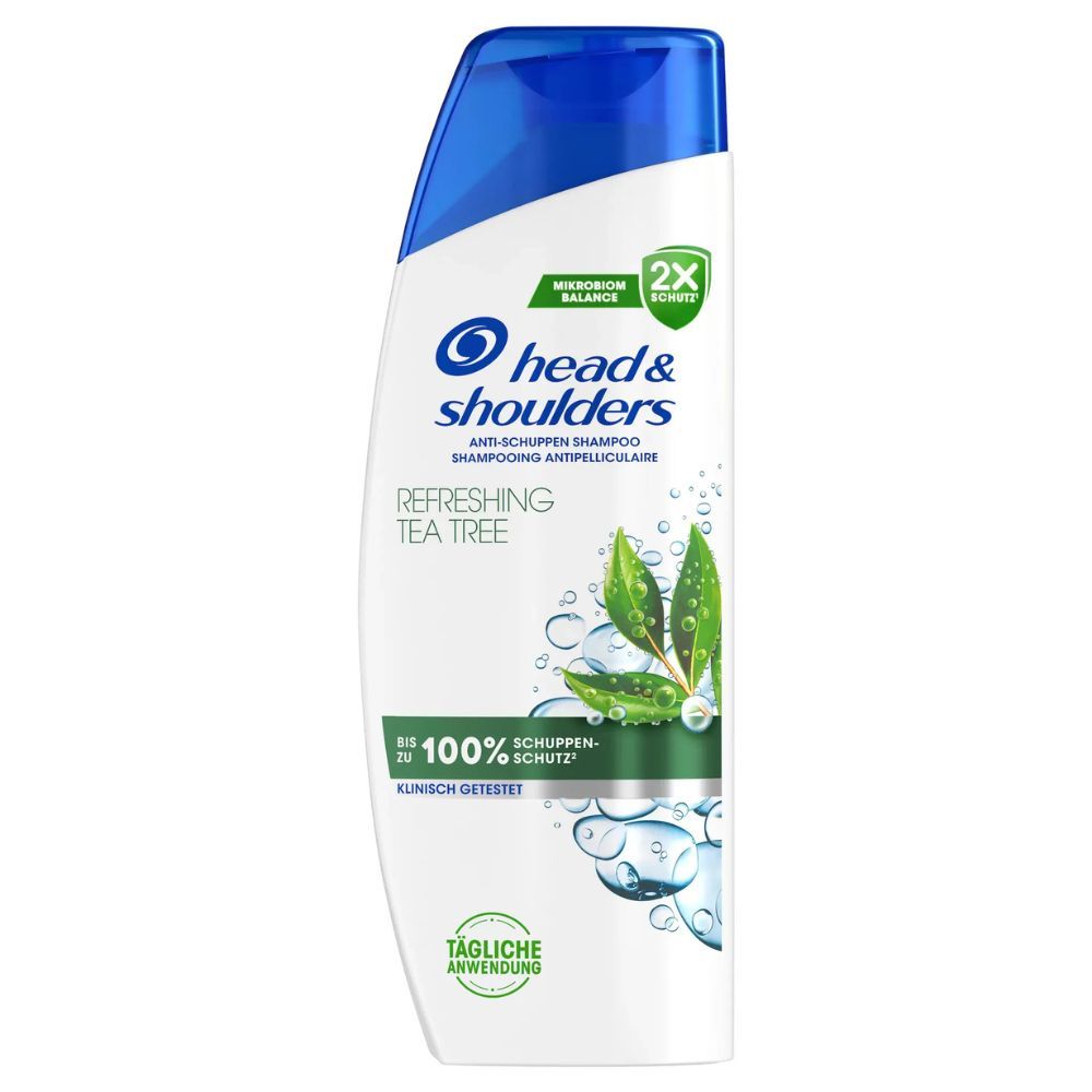 Shampoo-Flasche mit Head & Shoulders-Logo und Tea Tree-Aufdruck. Grün-weiße Verpackung. 2X Schutz-Label.