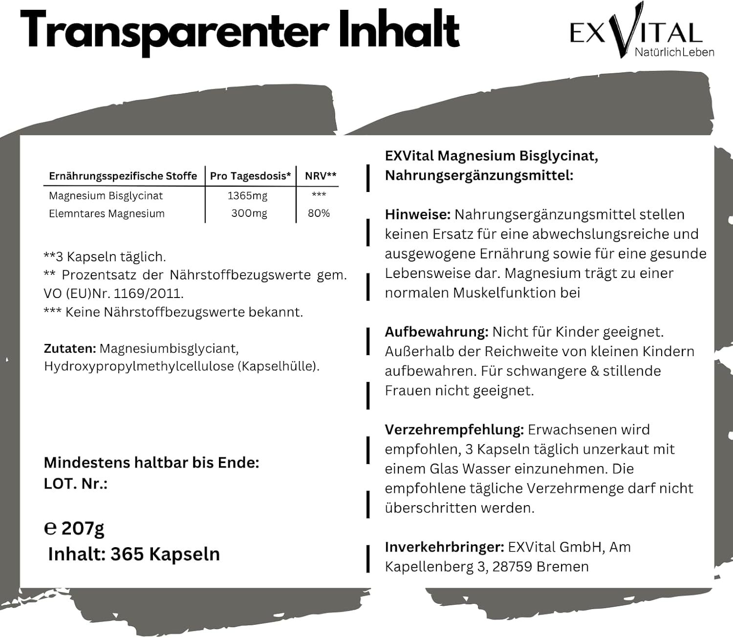 Textseite mit Informationen zu EXVital Magnesium Bisglycinat. Enthält Nährwertangaben, Zutaten, und Verzehrempfehlung.