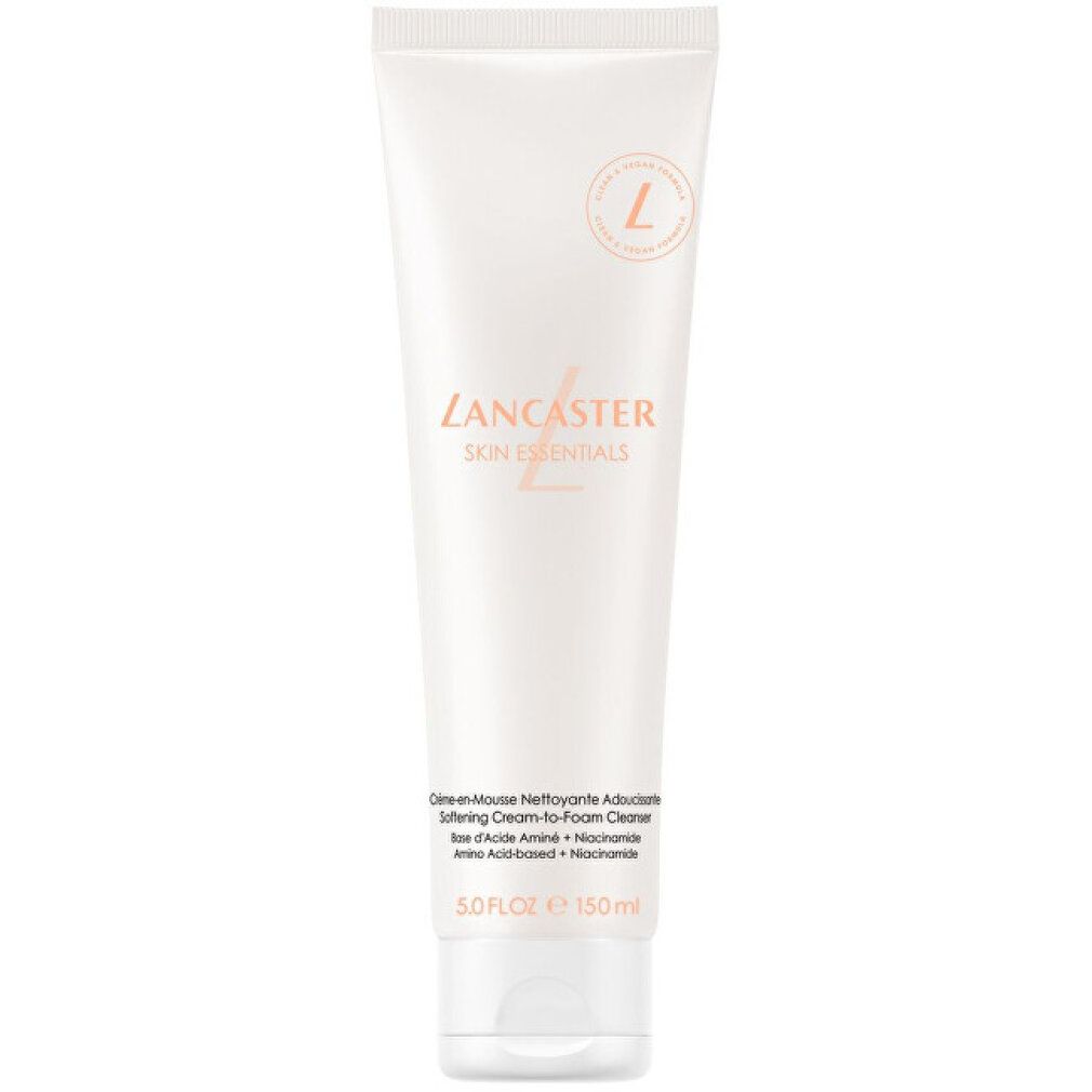 Weiche Reinigungs-Schaum-Tube von Lancaster. Weiß, mit Schriftzug und Logo. Enthält 150 ml.
