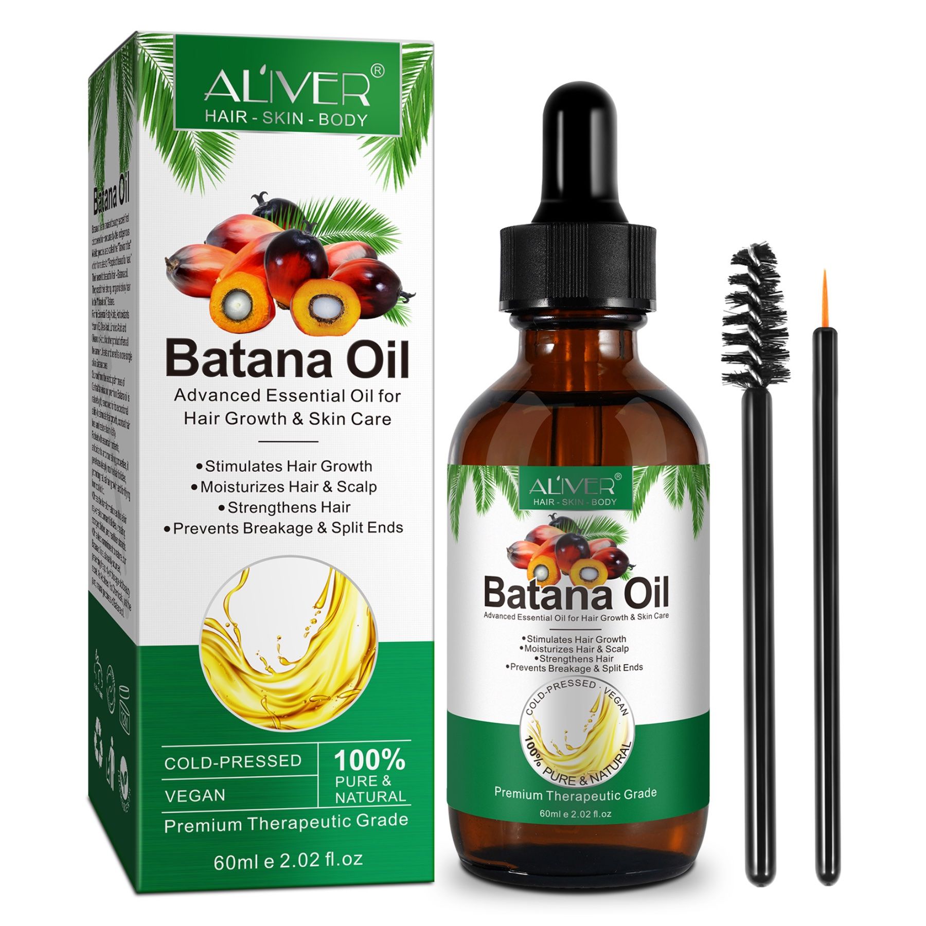 ALIVER Batana Öl Haaröl, Flasche mit Pipette, Verpackung. Enthält zwei Applikatoren. Aufschrift: Haar, Haut, Körper.