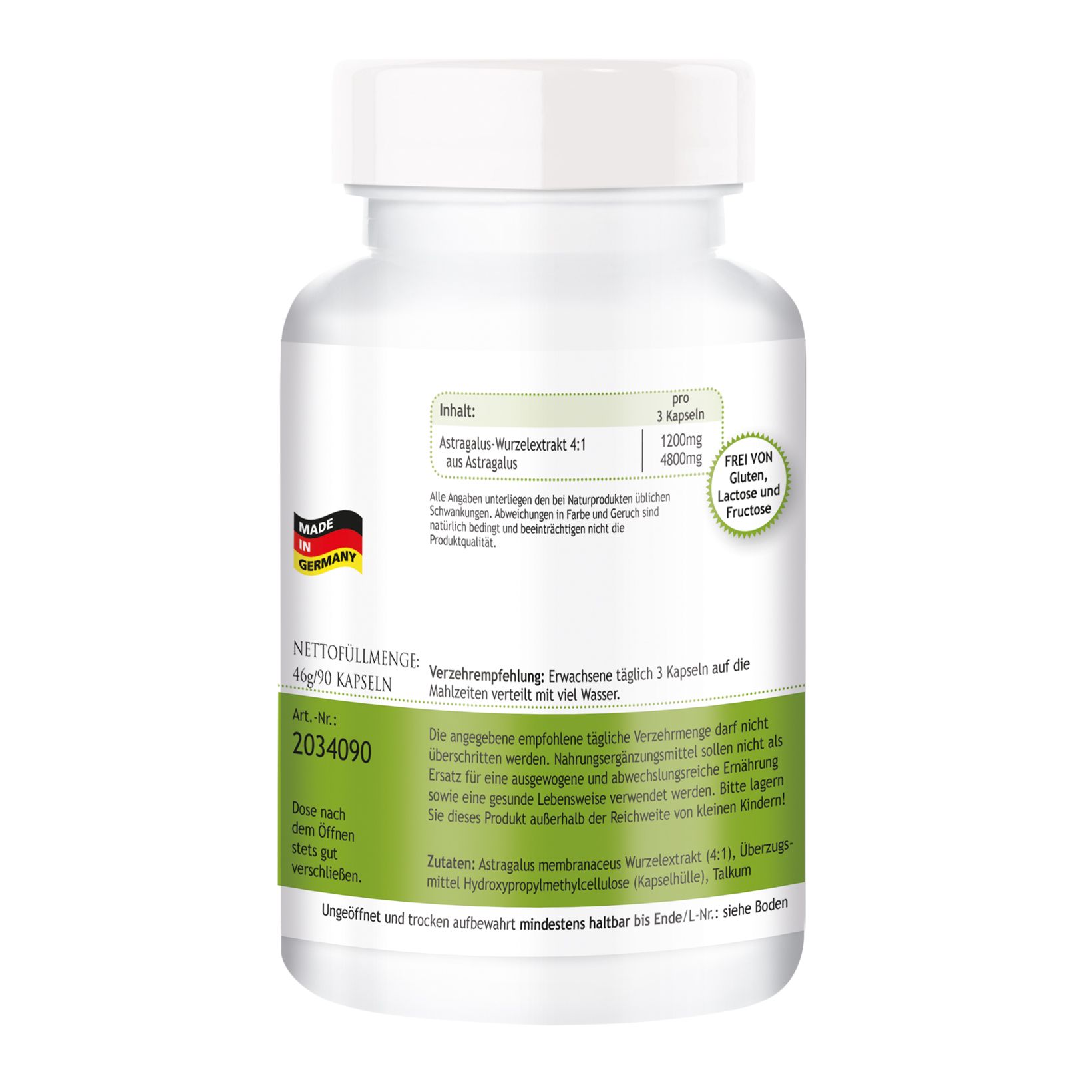 Weiße Flasche mit Kapseln. Aufschrift: ASTRAGALUS-EXTRAKT, Herbadirekt. Made in Germany. Angaben zu Inhaltsstoffen.