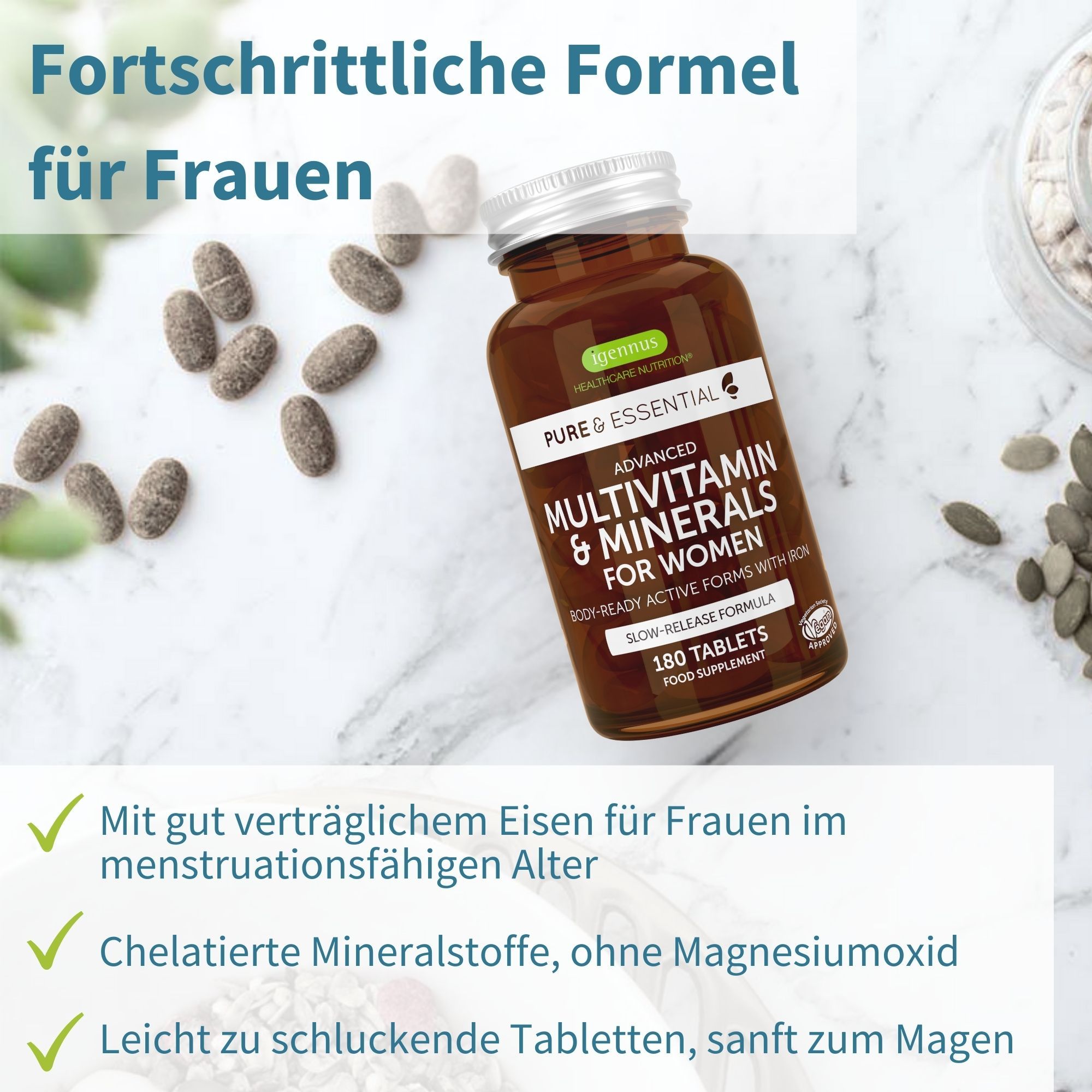 Flasche mit Multivitamin-Tabletten, umgeben von weiteren Tabletten und Samen.