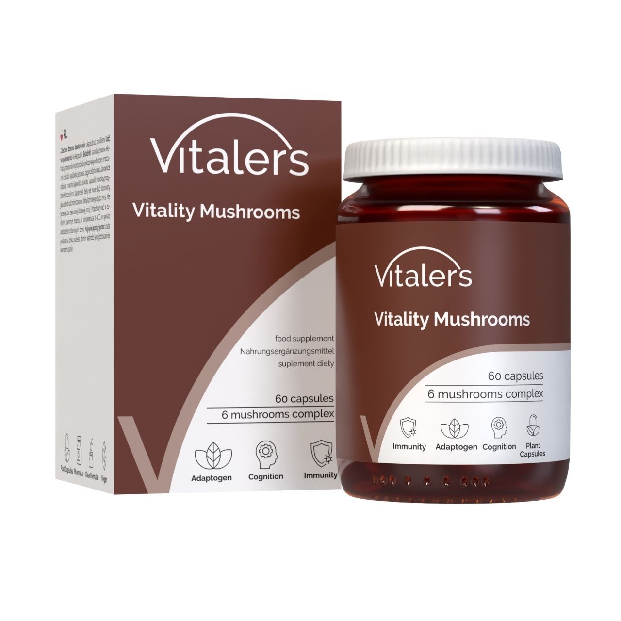 Vitaler’s Vital Mushrooms Komplex: Braune Dose mit 60 Kapseln und Kartonverpackung. Enthält 6 Pilzkomplexe.