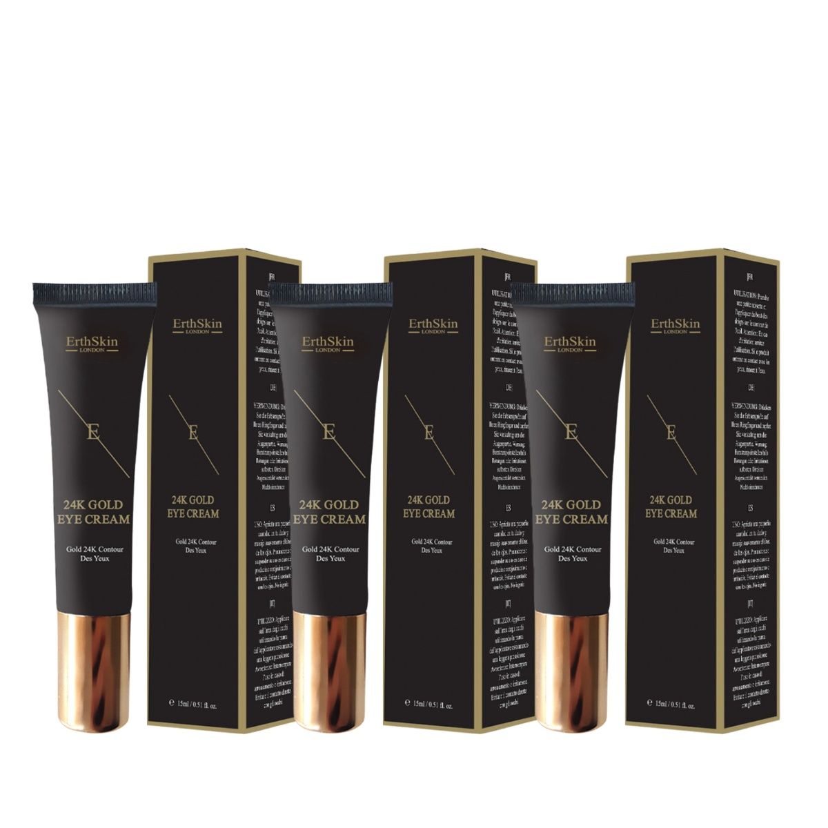 Fünf Tuben Augencreme mit schwarzen Tuben, goldenen Kappen und Verpackungen. Aufschrift: ErthSkin London, 24K Gold Eye Cream.
