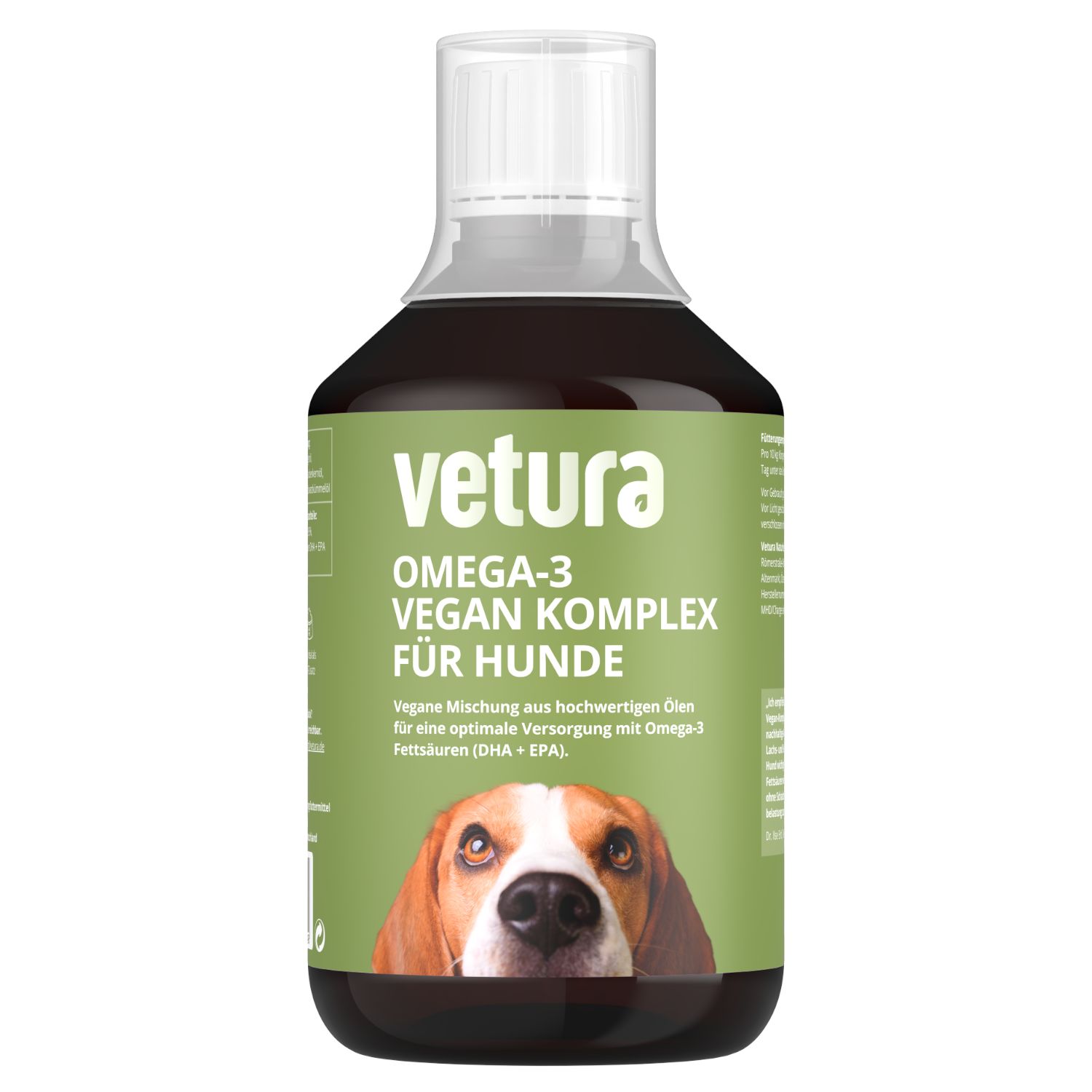 Grüne Flasche mit brauner Flüssigkeit. Aufschrift: Vetura Omega-3 Vegan Komplex für Hunde. Bild eines Hundes.