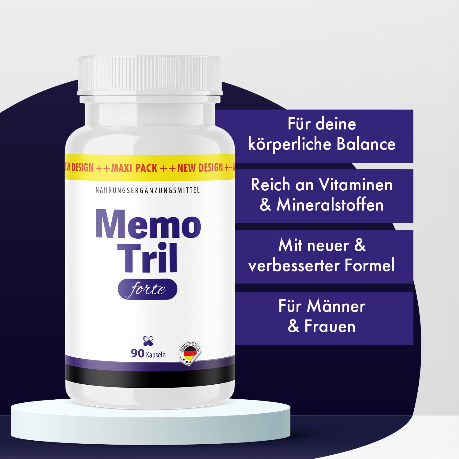 Weiße Flasche Memo Tril forte. Text: Für körperliche Balance, reich an Vitaminen & Mineralstoffen, verbesserte Formel. Für Männer & Frauen.