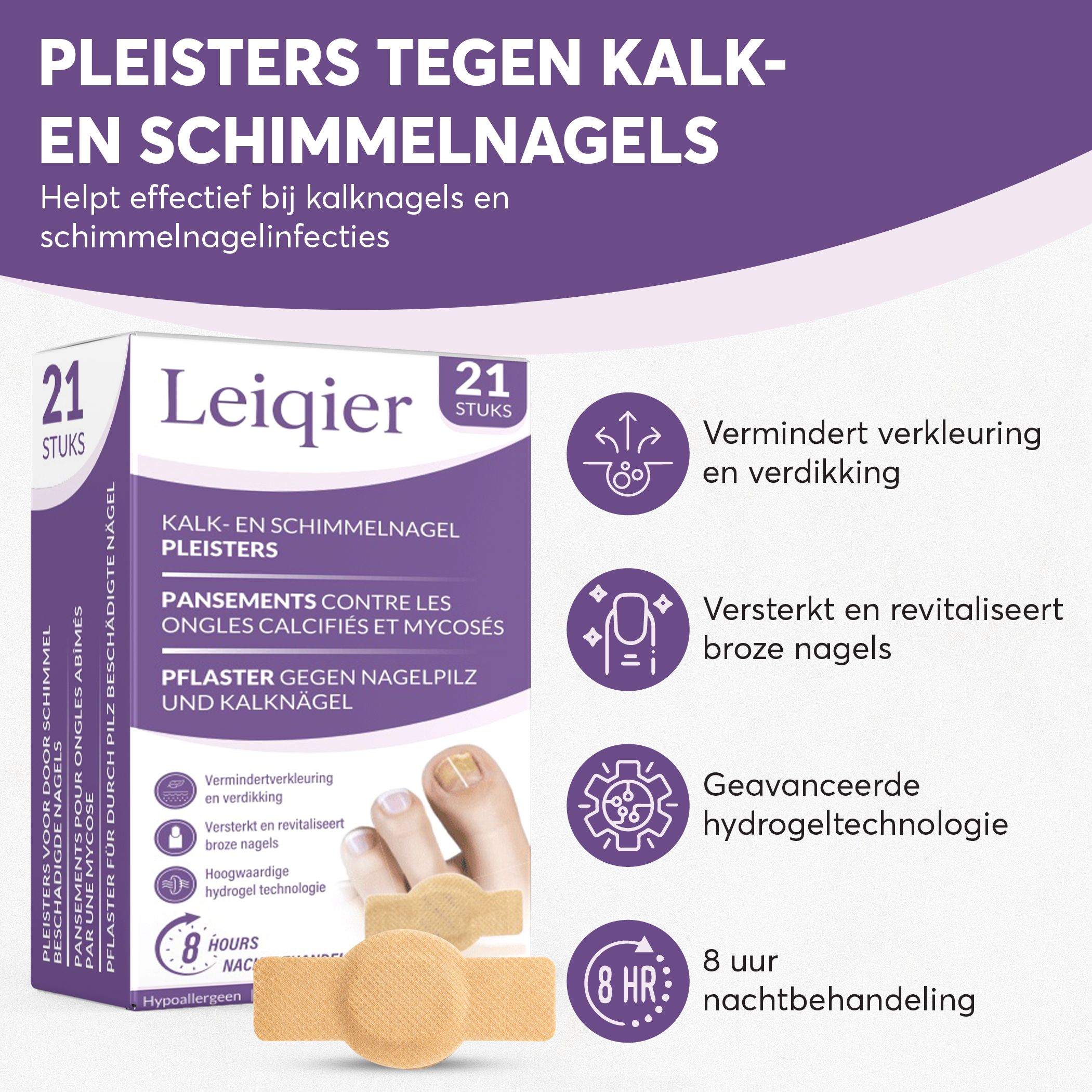Verpackung mit Leiqier Pflastern. 21 Stück. Text: Pflaster gegen Nagelpilz und Kalknägel. Produktabbildung und Pflaster.