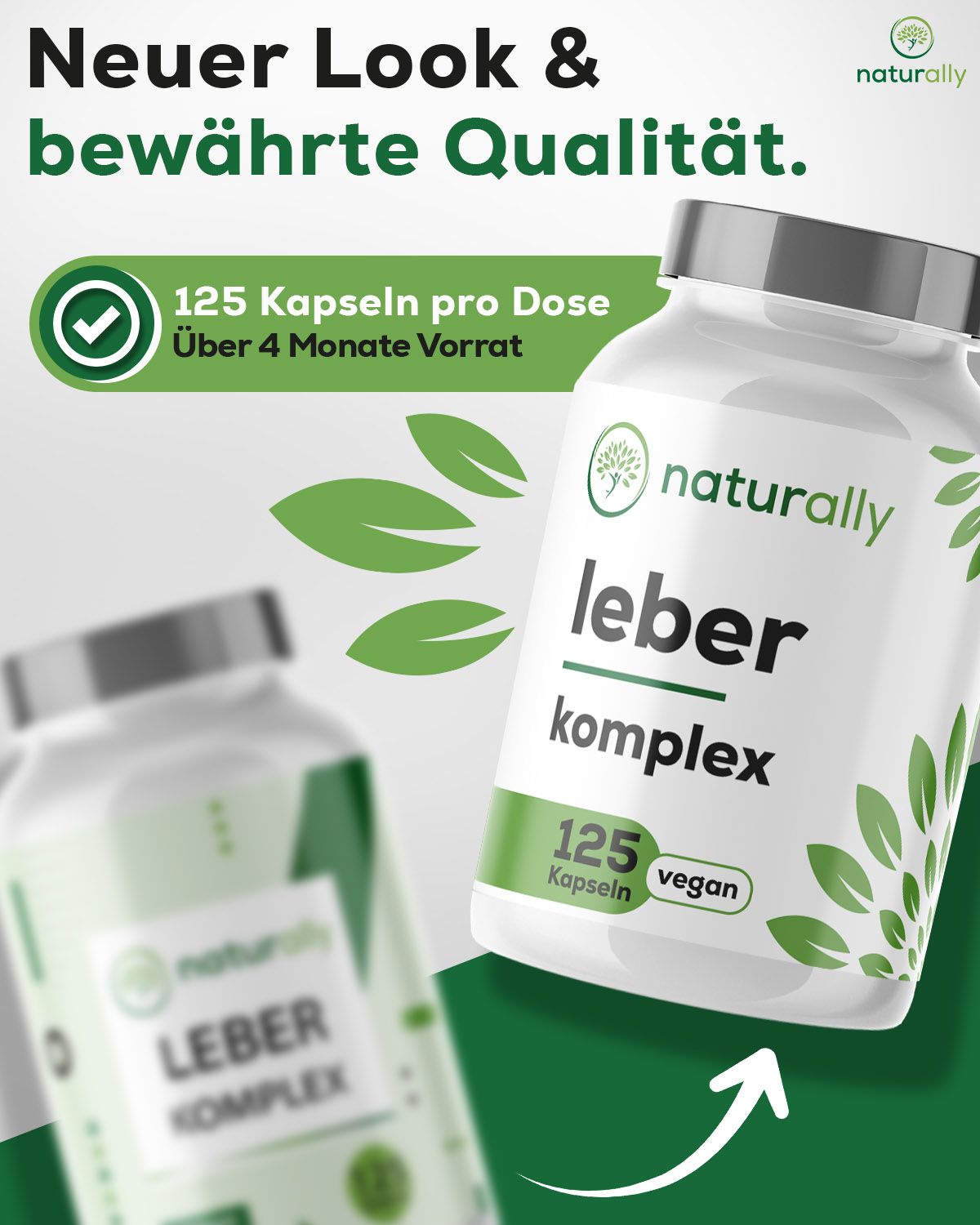 Zwei Flaschen. Aufschrift: naturally leber komplex. 125 Kapseln, vegan. Über 4 Monate Vorrat. Neuer Look & Qualität.