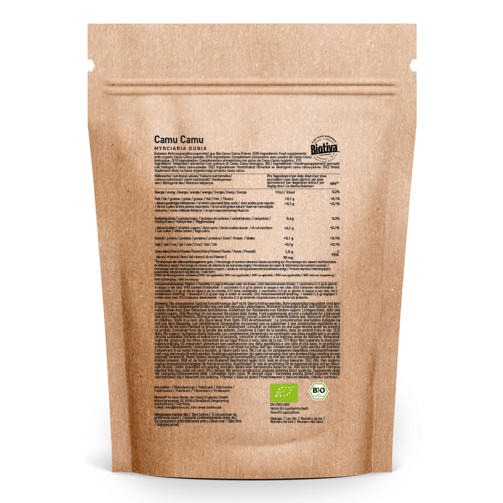 Rückseite der Biotiva Camu Camu Pulver Bio Verpackung. Enthält Nährwertangaben, Inhaltsstoffe und Zertifizierungen.