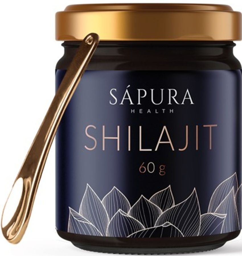 Dunkelblaue Glasdose mit goldenem Deckel und Dosierlöffel. Aufschrift: SAPURA HEALTH SHILAJIT 60 g. Floralmuster.