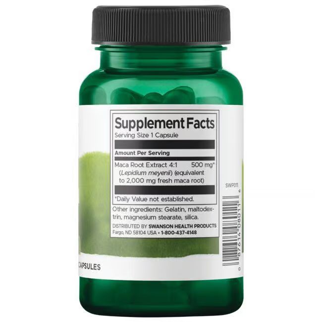 Rückseite einer grünen Flasche. Etikett mit Nährwertangaben, "Maca Root Extract 4:1" und Inhaltsstoffen.