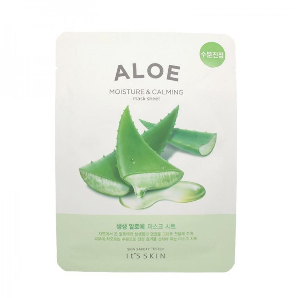 Gesichtsmaske mit Aloe-Vera-Motiv. Text: ALOE, MOISTURE & CALMING. Marke: IT'S SKIN. Grün-weiße Verpackung.