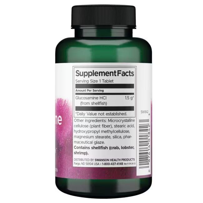 Rückseite der grünen Flasche. Aufschrift: Supplement Facts, Glucosamin HCI, 1,5 g. Enthält Schalentiere.