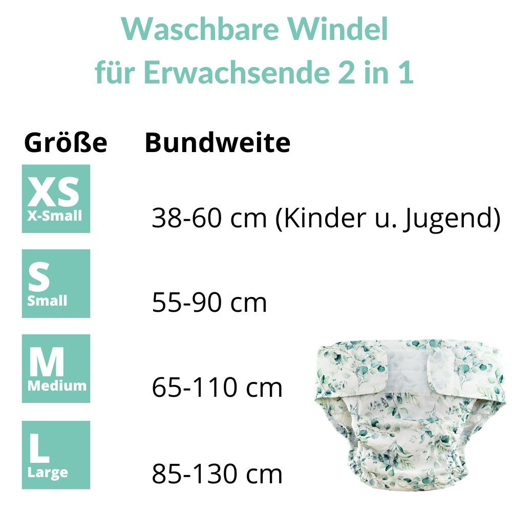 Größentabelle für waschbare Windeln: XS bis L, Bundweite 38-130 cm.