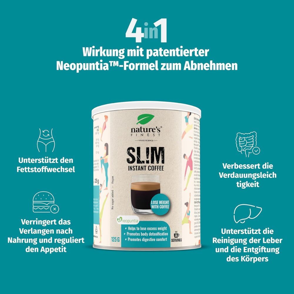 Dose Nature's Finest Slim Instant Coffee. 4in1 Wirkung. Unterstützt Fettstoffwechsel, reduziert Appetit, verbessert Verdauung, Leberreinigung.
