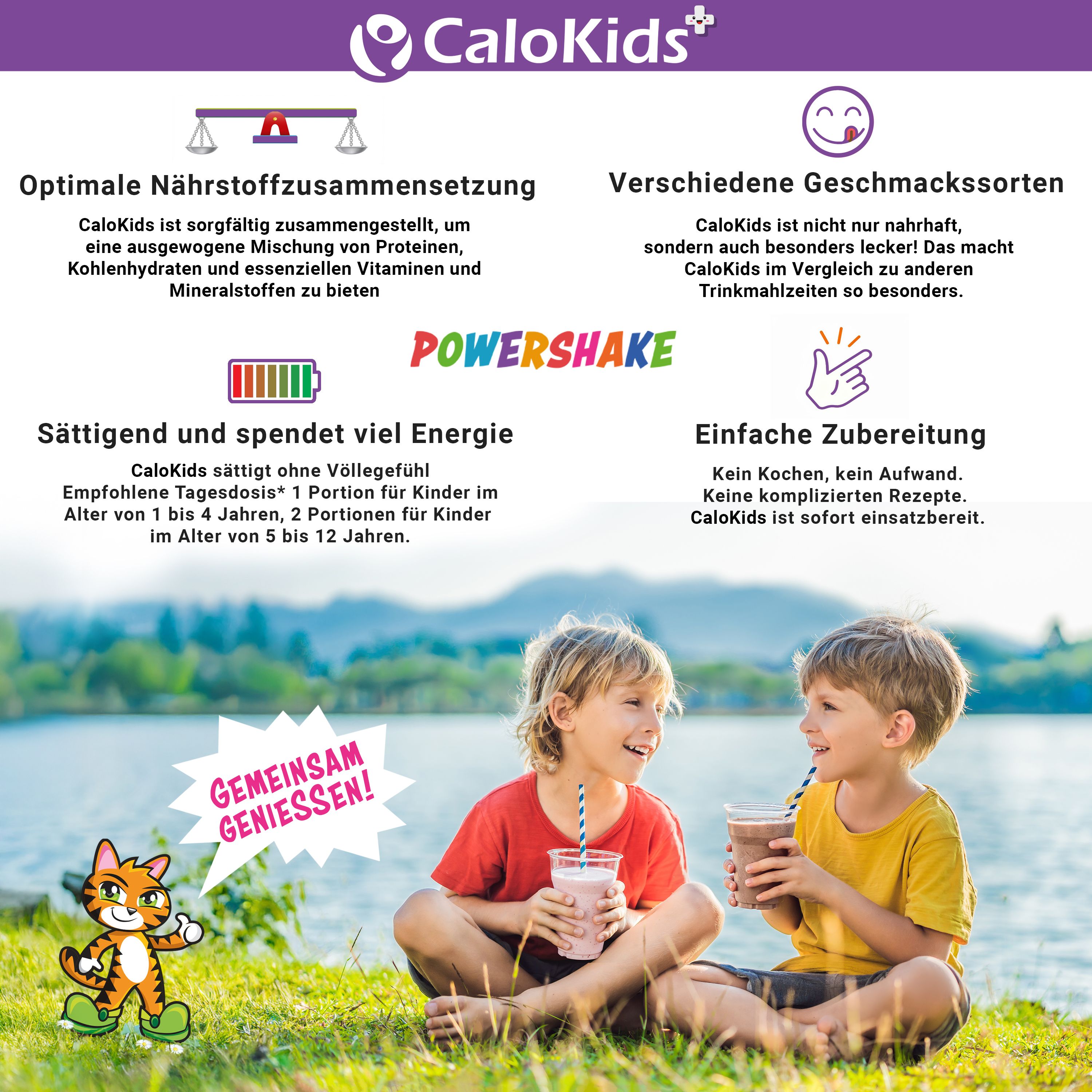 Zwei Kinder trinken Shakes. CaloKids-Logo, Text: optimale Nährstoffzusammensetzung, verschiedene Geschmacksrichtungen.