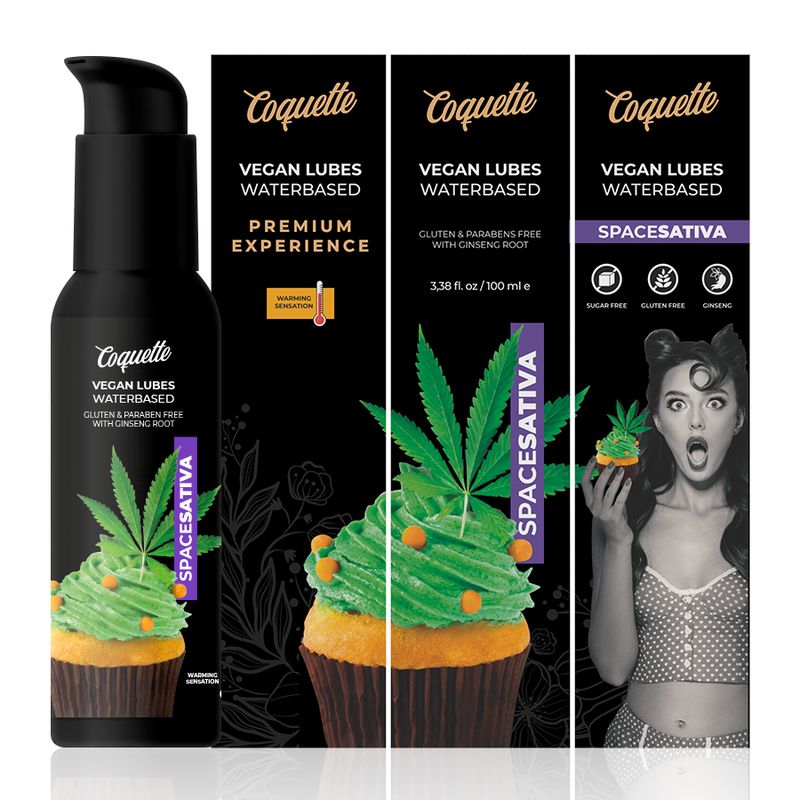 Schwarze Flasche und Verpackung. Aufschrift: Coquette, Vegan Lubes Waterbased, Spacesativa. Cupcake-Illustration und Frau.