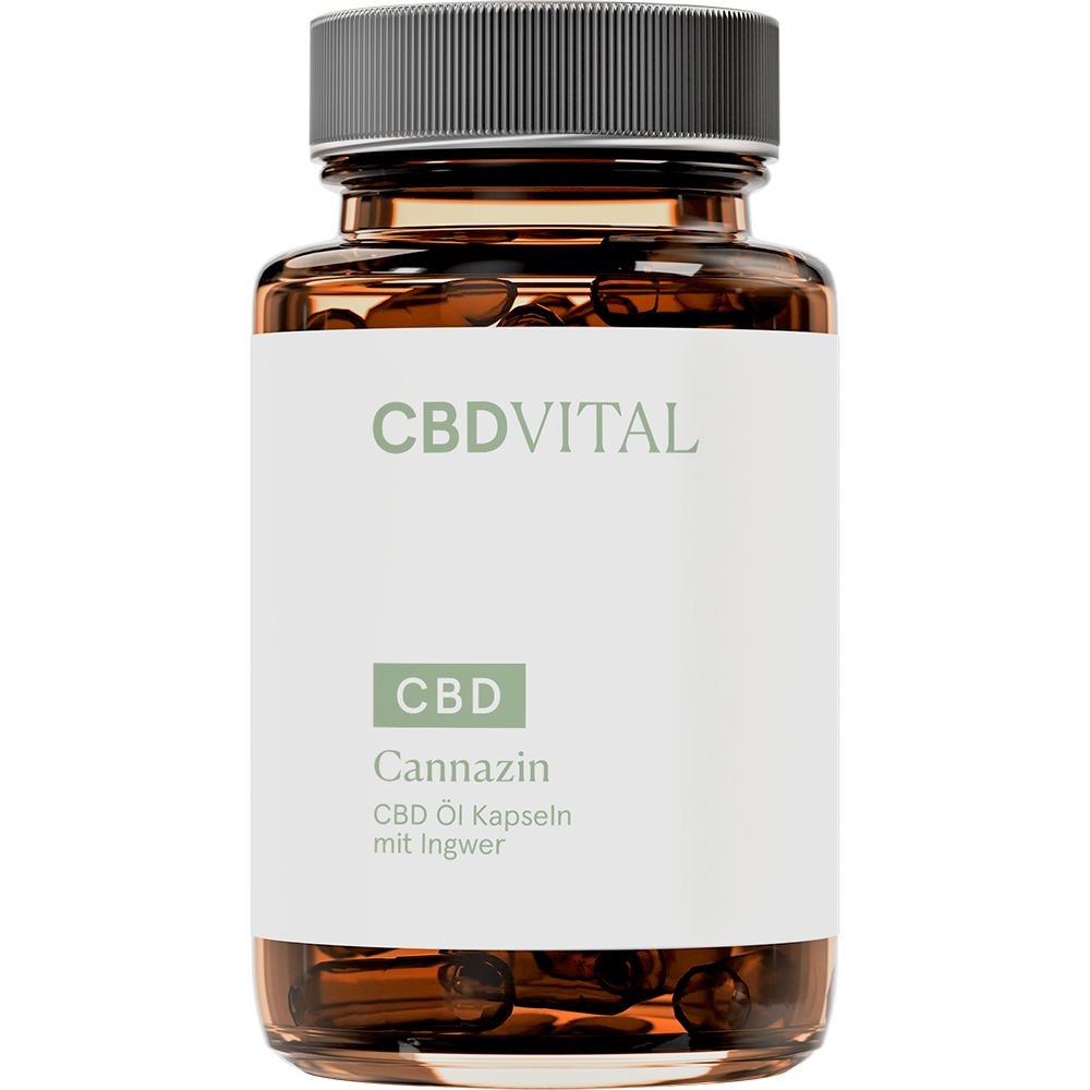 Braune Glasflasche mit Kapseln. Etikett mit CBD VITAL, CBD Cannazin, CBD Öl Kapseln mit Ingwer.