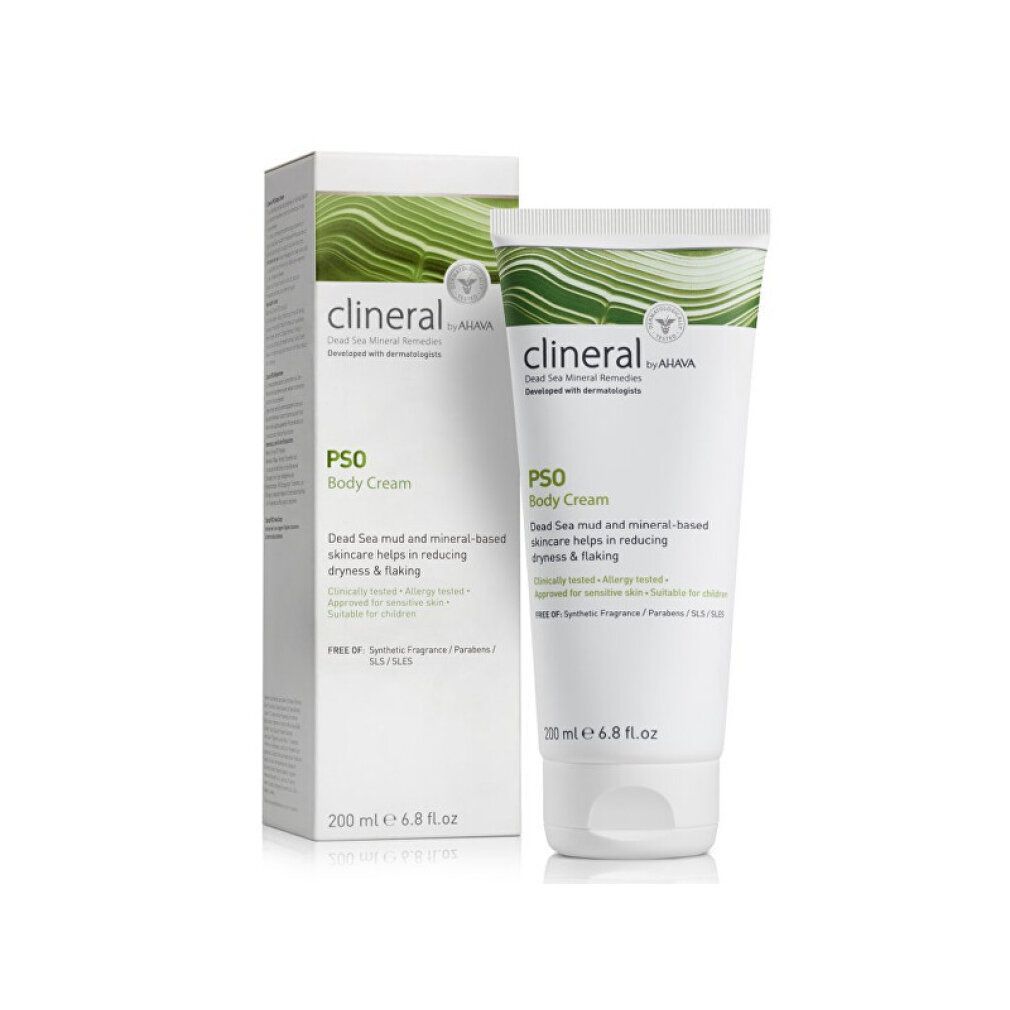 Clineral PSO Body Cream Tube und Kartonverpackung. Weißer Schlauch mit grünen Akzenten, 200 ml.