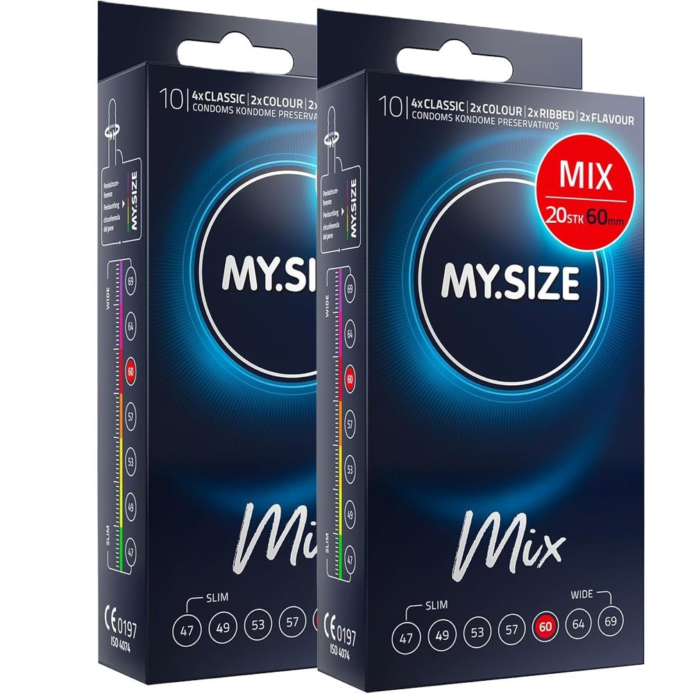 Zwei Packungen MY.SIZE Mix Kondome, 20 Stück, 60mm. Zeigt Größen 47-69.