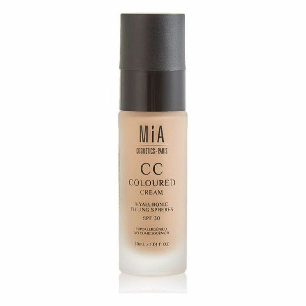Beige CC Cream Flasche mit schwarzem Deckel. Beschriftung: Mia Cosmetics, CC Cream, SPF 30. 50ml.