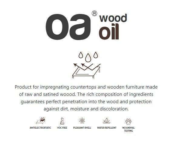 OA wood oil Logo mit Tropfen-Symbol und Text. Unter dem Logo sind Symbole für antistatisch, VOC-frei, angenehmer Geruch, wasserabweisend und tierversuchsfrei.