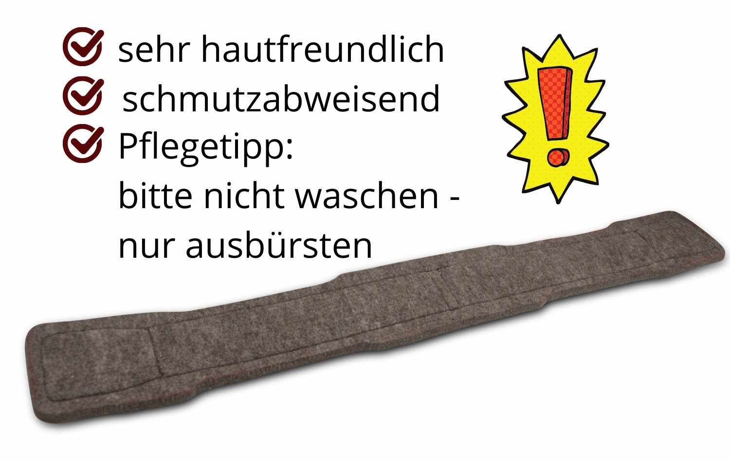 Sattelgurt mit braunen Rändern. Text: sehr hautfreundlich, schmutzabweisend. Pflegehinweis: bitte nicht waschen - nur ausbürsten.