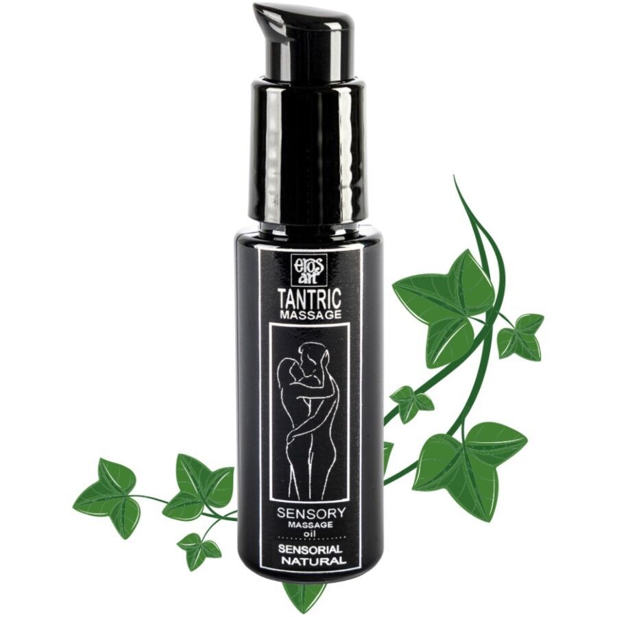Tantra Massageöl in schwarzer Flasche mit Pumpspender. Etikett zeigt ein Paar und grüne Blätter.