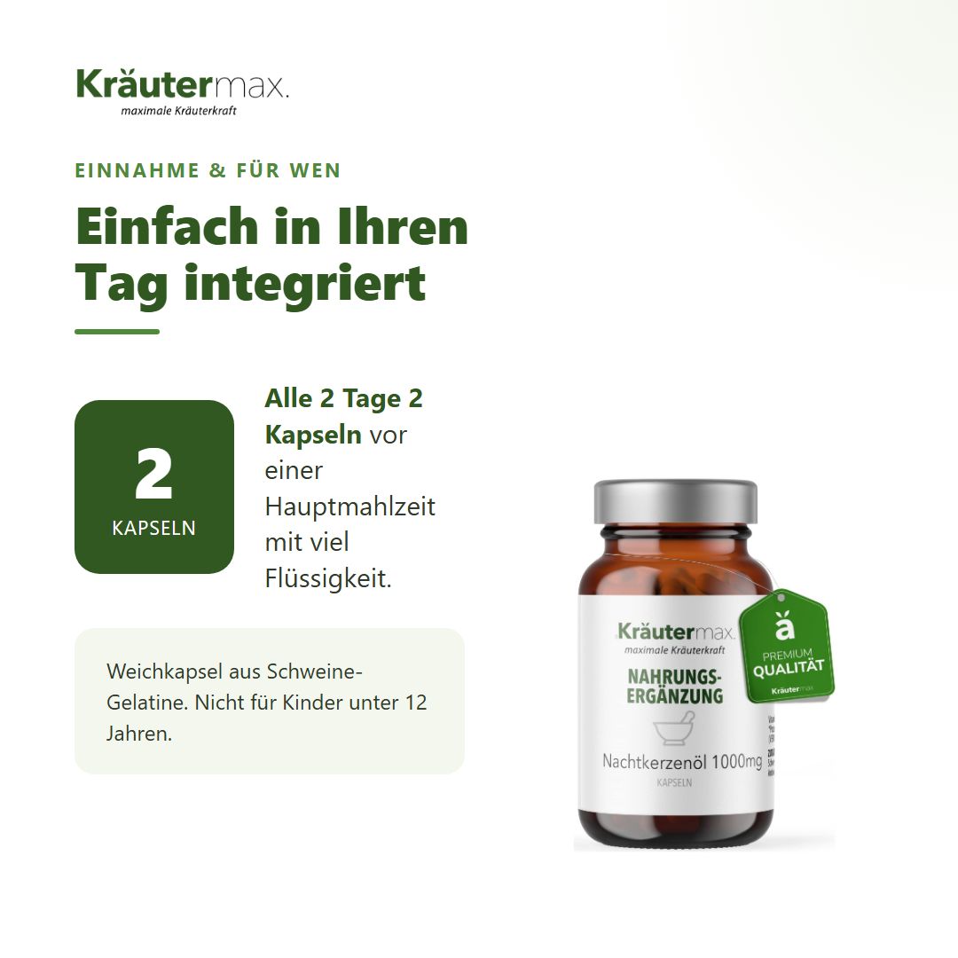 Anleitung zur Einnahme: 2 Kapseln alle 2 Tage. Weichkapsel aus Schweinegelatine.