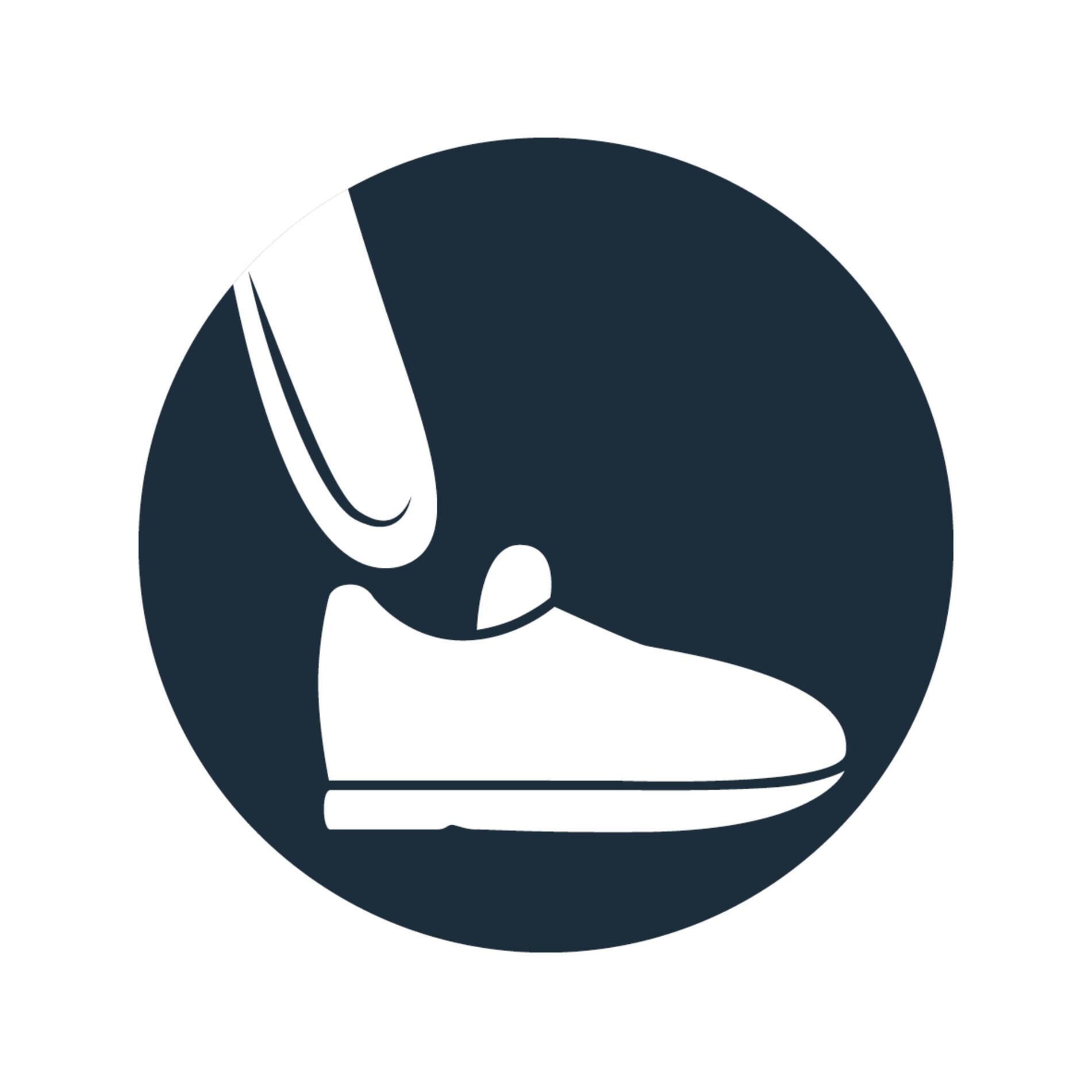 Symbol, Greifhilfe mit Schuh, weiß auf blauem Kreis.