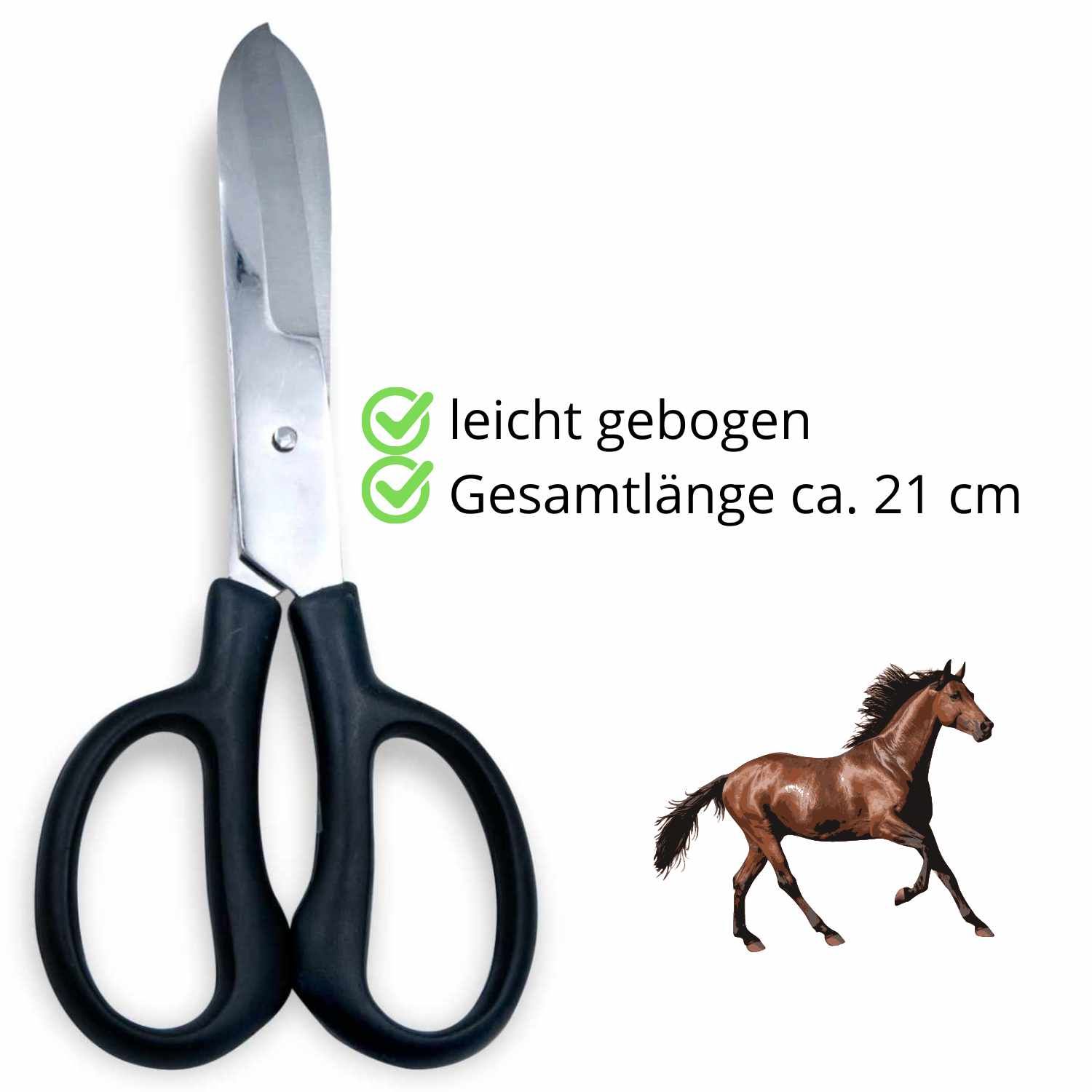 Fesselschere mit schwarzen Griffen und gebogener Klinge. Gesamtlänge ca. 21 cm. Abgebildet mit einem Pferd.