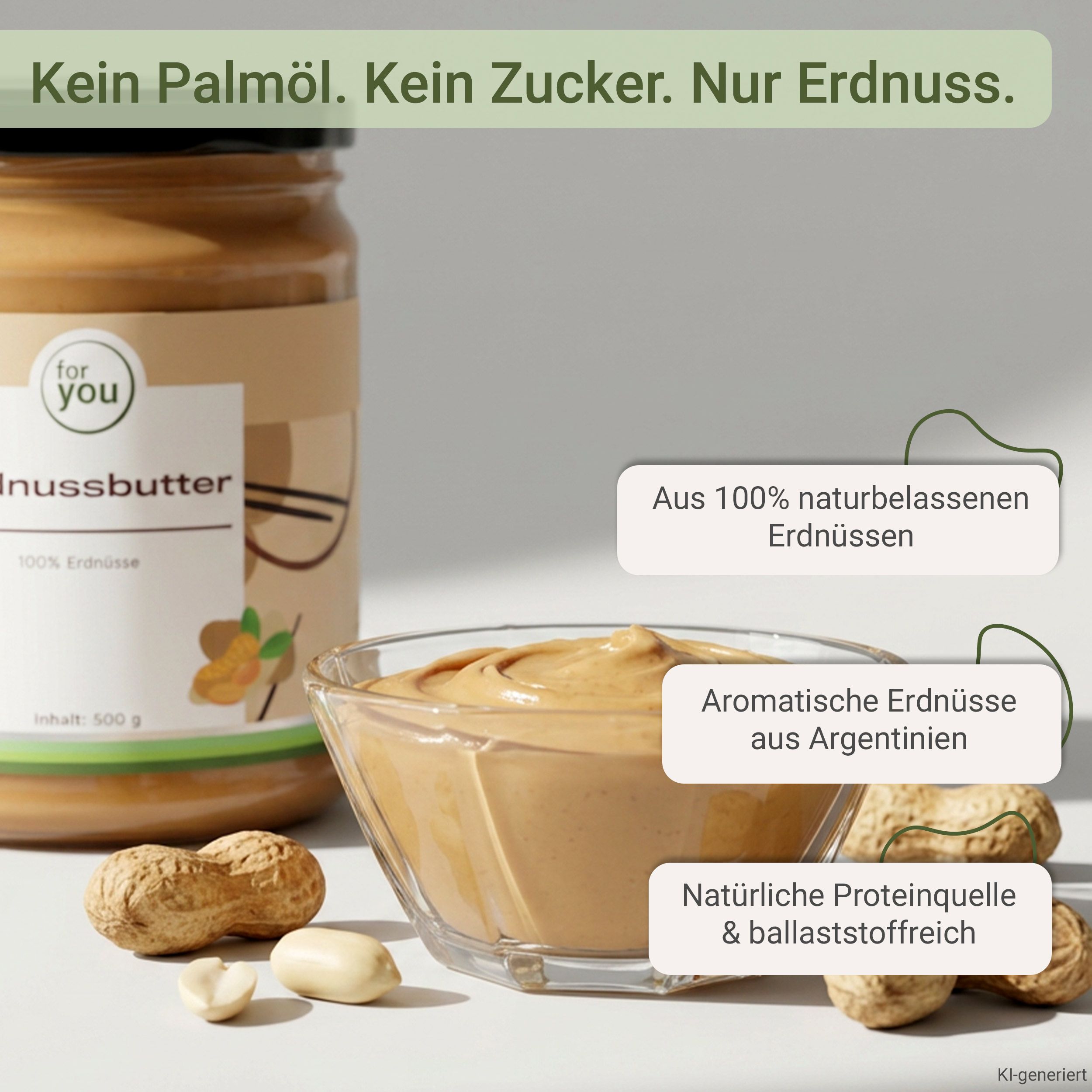 Erdnussbutter im Glas mit Erdnüssen und Schale, Schale mit Erdnussbutter, und Textfeldern.