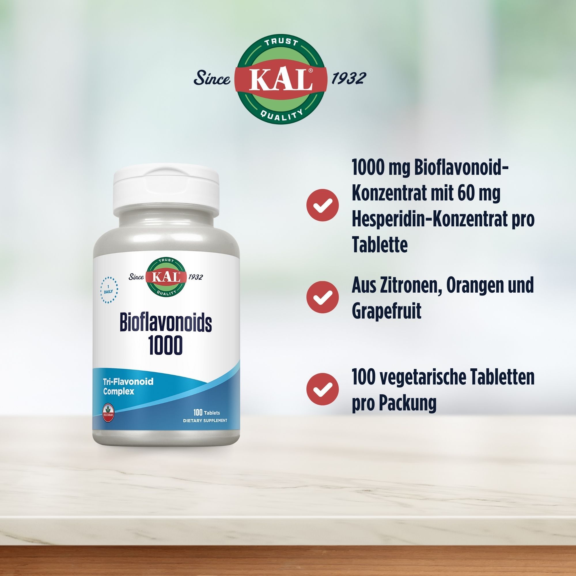 Weißes Fläschchen mit KAL Bioflavonoids 1000. Text: 100 vegetarische Tabletten. Logo: KAL, seit 1932.
