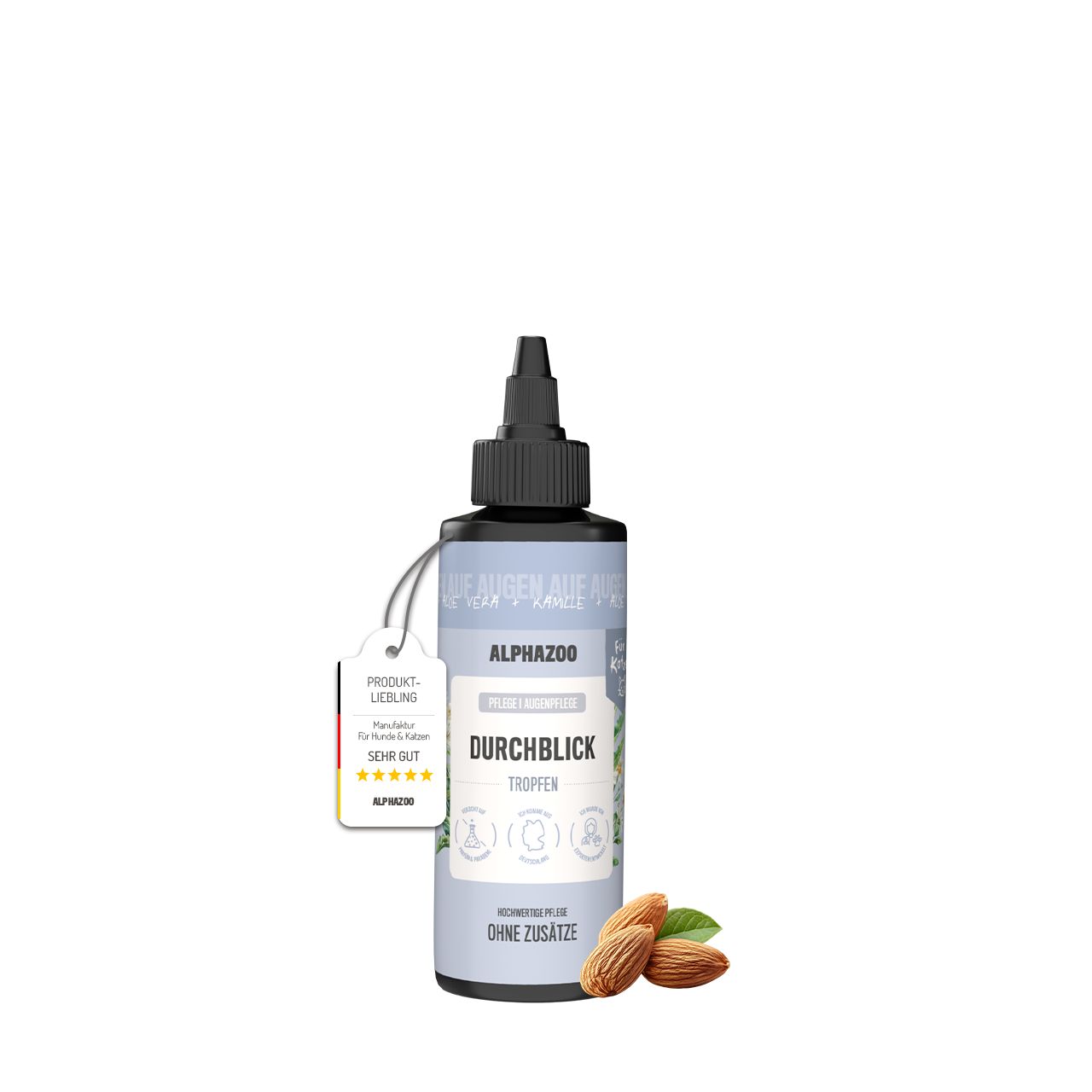 Augenpflege-Tropfen mit Mandeln. Flasche mit schwarzem Verschluss und Etikett. Produkt-Liebling-Anhänger.