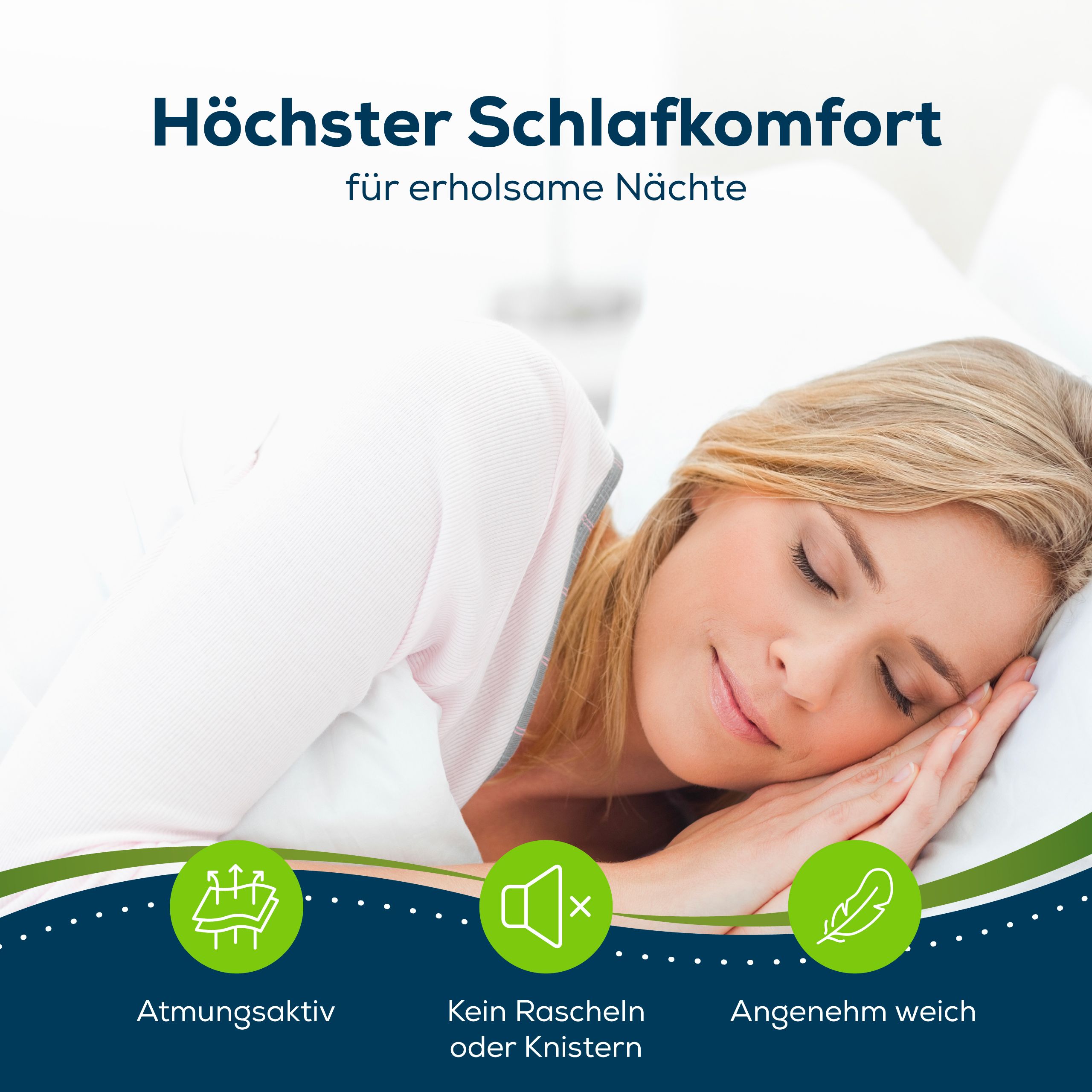 Schlafkomfort-Werbung. Frau schläft auf weißem Kissen. Text: Atmungsaktiv, kein Rascheln, angenehm weich.