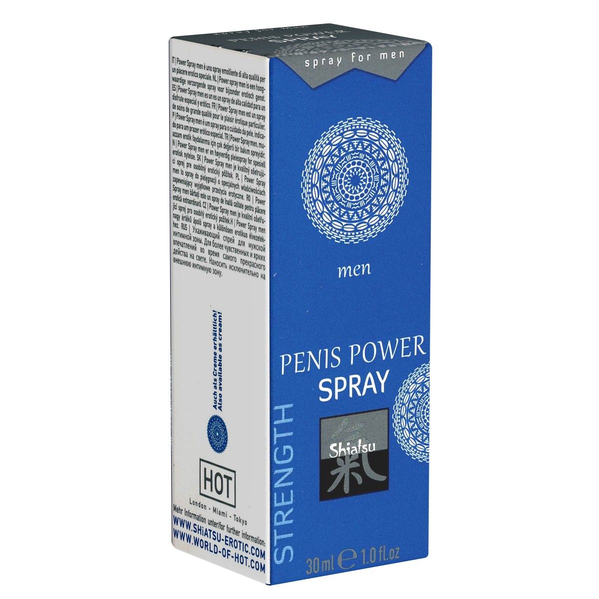 Blau-weiße Produktverpackung. Aufschrift: PENIS POWER SPRAY, Shiatsu, 30ml. Text: HOT, STRENGTH, men.