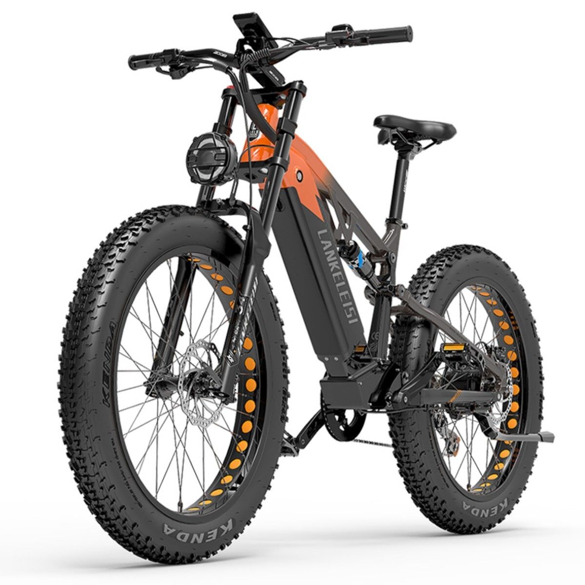 E-Mountainbike Lankeleisi RV800 Plus. Schwarz-orangefarbenes Design. Große Reifen mit gelben Akzenten. Frontscheinwerfer. Marke Lankeleisi.