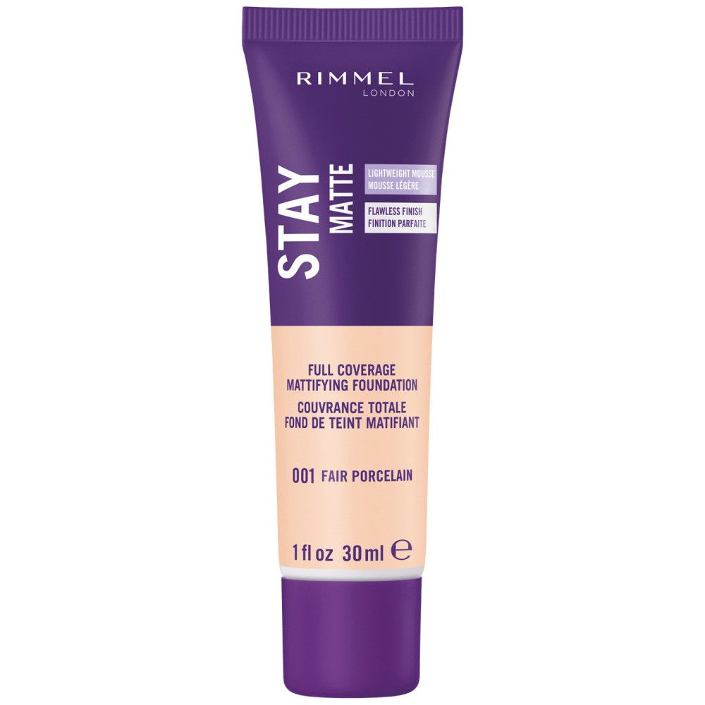 Rimmel Stay Matte Foundation. Tube mit Schraubverschluss. Farbton 001 Fair Porcelain. Text auf Englisch und Französisch.