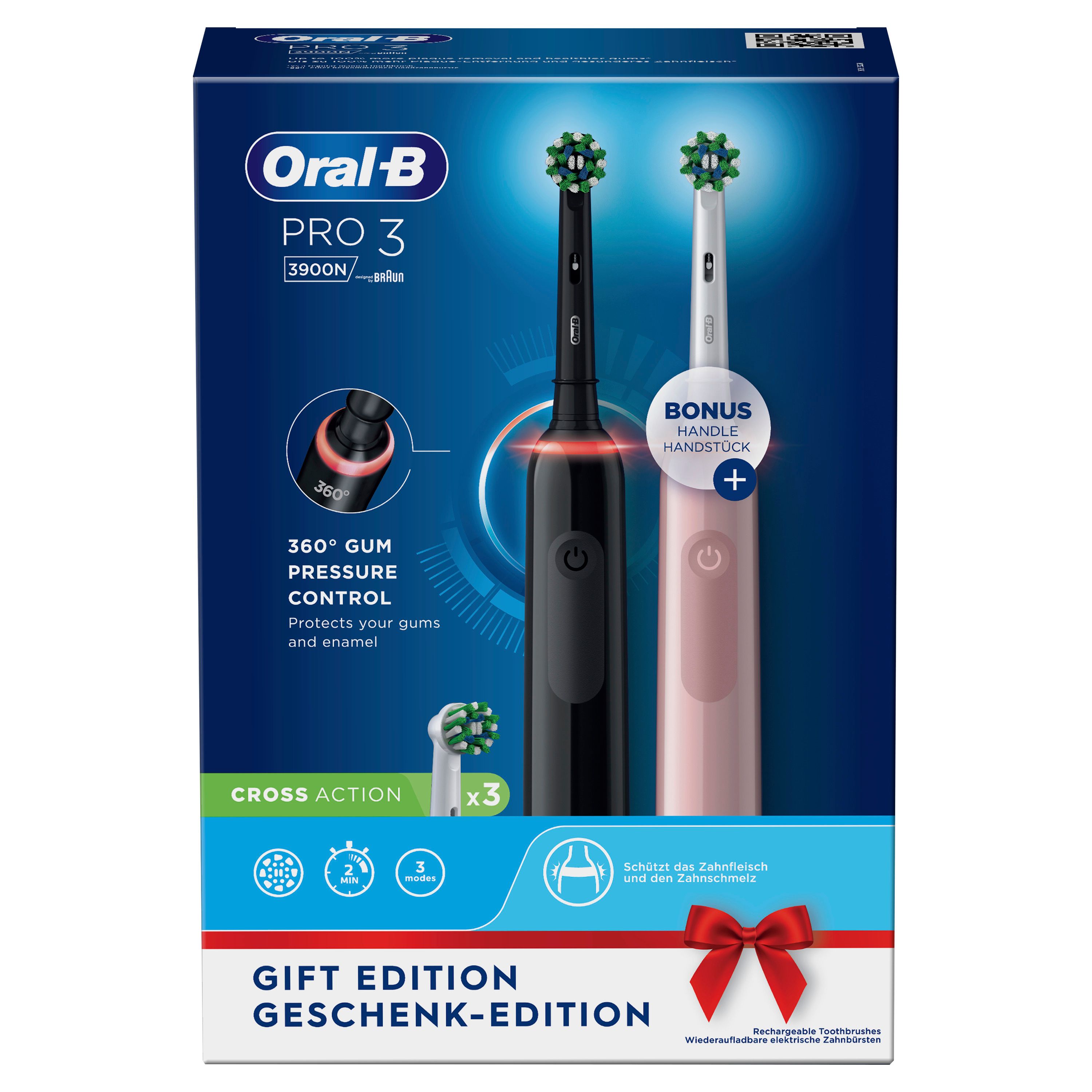 Verpackung mit elektrischen Zahnbürsten in Schwarz und Pink. Text: Oral-B Pro 3, Bonus Handstück, Cross Action, Geschenk-Edition.