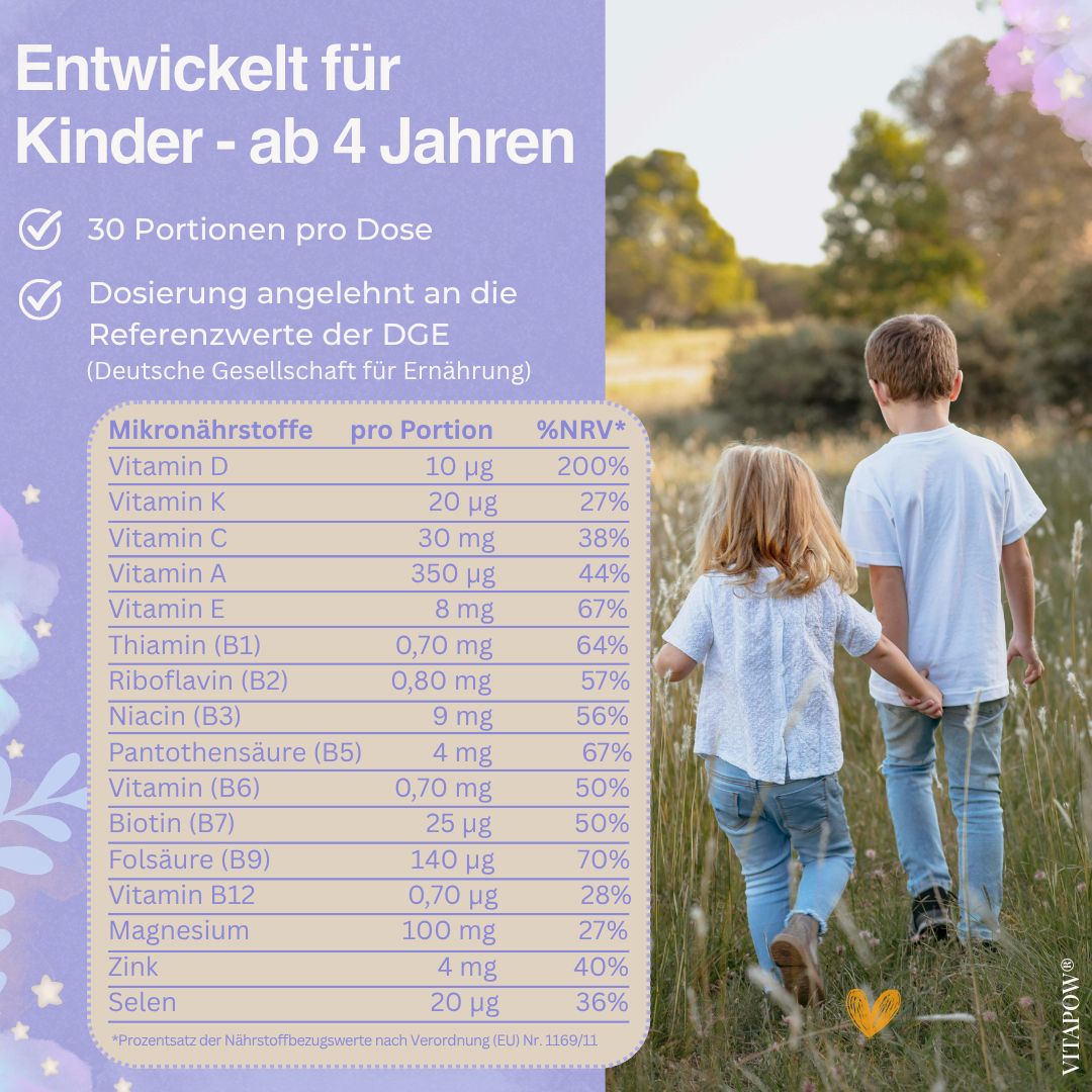 Vitapow Kinder Multivitamin: 30 Portionen pro Dose, Dosierung nach DGE. Enthält Vitamine D, K, C, A, E, B-Vitamine, Magnesium, Zink, Selen.