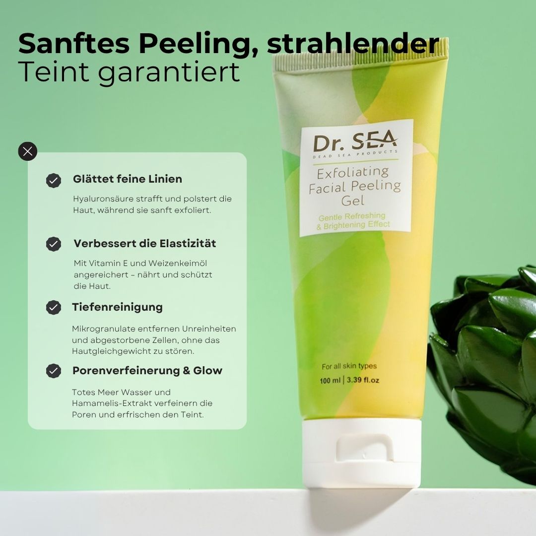 Gel-Tube mit Text. Aufschrift: Dr. SEA, Exfolierendes Peeling-Gel für das Gesicht. Mit Inhaltsangaben und Vorteilen.