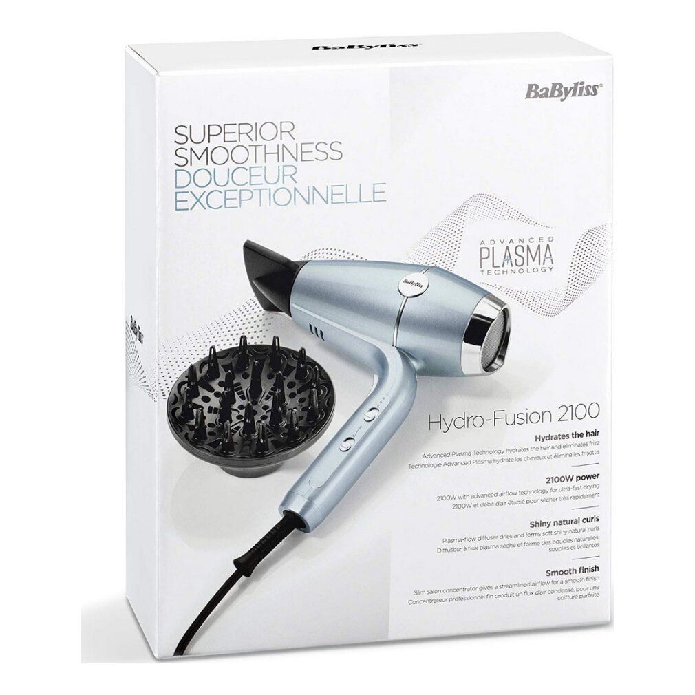 Produktverpackung mit Haartrockner und Diffusor. Text: Superior Smoothness, Hydro-Fusion 2100, BaByliss.