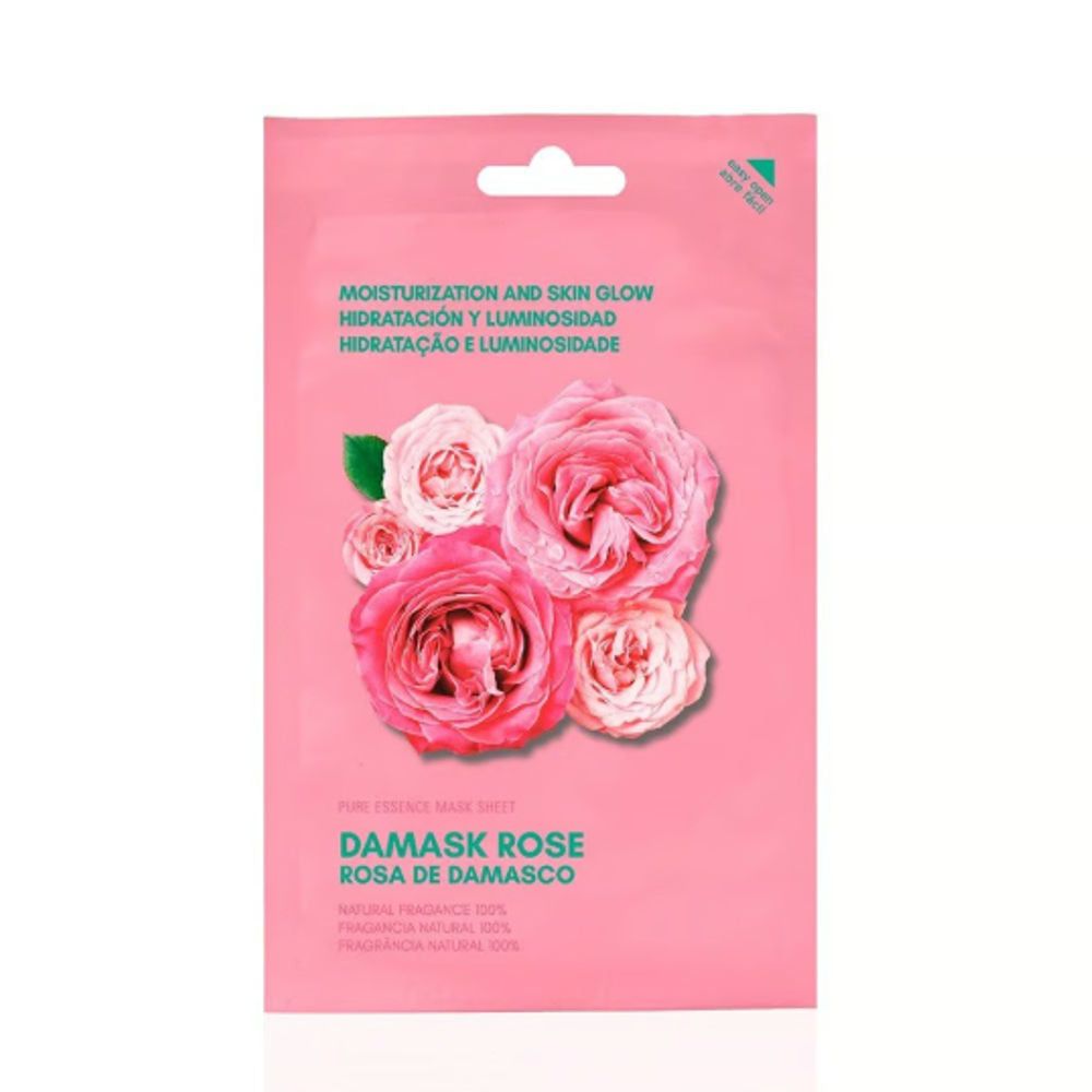 Rosa-Gesichtsmaske in rosa Verpackung. Aufdruck mit Rosenblüten und Text: Damask Rose.
