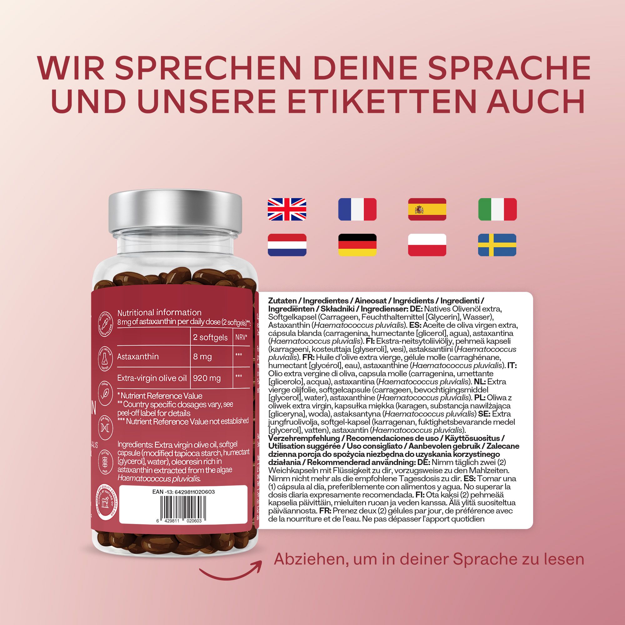 Aavalabs Astaxanthin Flasche mit mehrsprachiger Etiketteninformation.