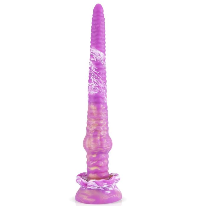 Lila-weißer Dildo mit texturiertem Schaft und breiter Basis.