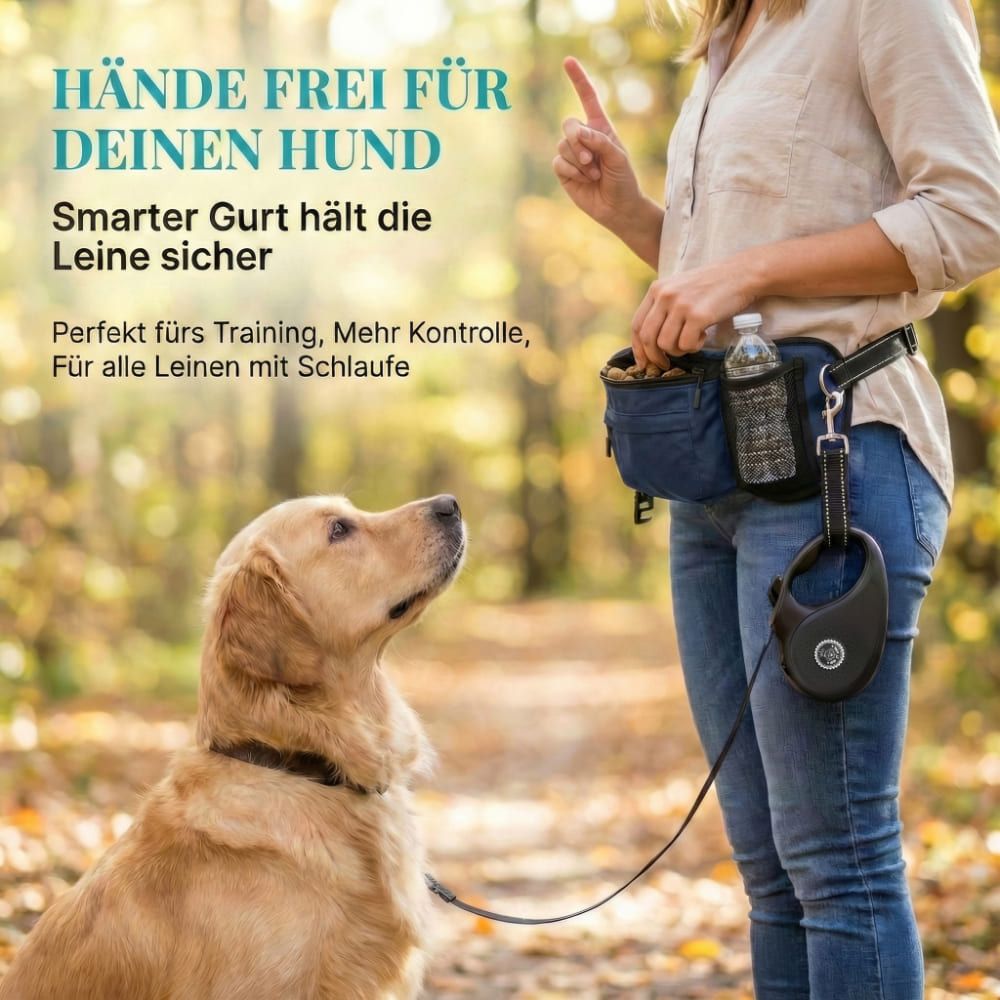 Person mit blauer Bauchtasche und Hund an der Leine. Schwarzer Gurt. Wasserflasche in der Tasche. Text: Hände frei für deinen Hund.