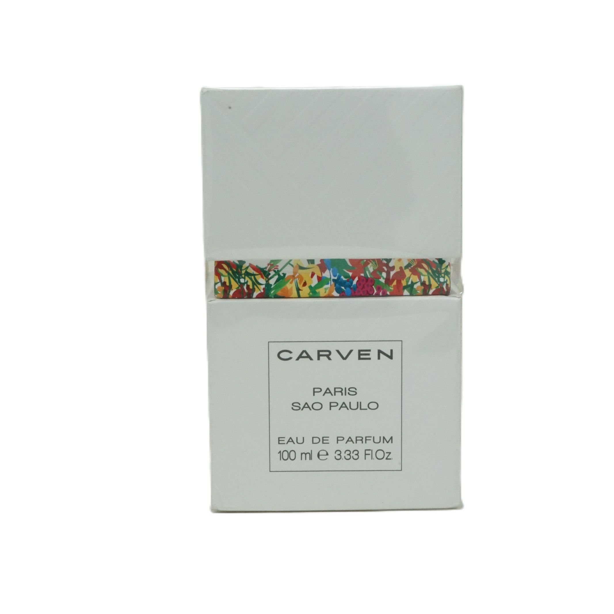 Verpackung für Parfüm. Weiß mit CARVEN, PARIS SAO PAULO, Eau de Parfum. Blumenmuster am Rand.