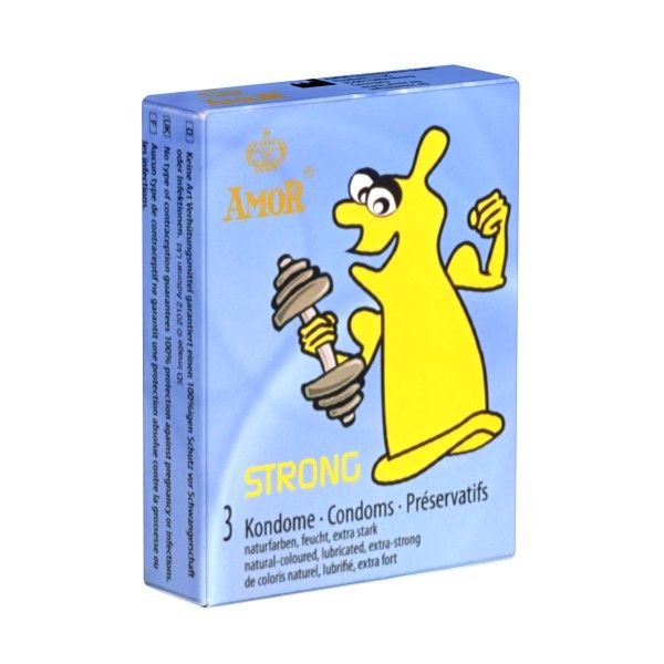Blau-weiße Schachtel mit "AMOR Strong" und einer gelben Figur, die eine Hantel hält. Text: 3 Kondome, naturfarben, feucht, extra stark.