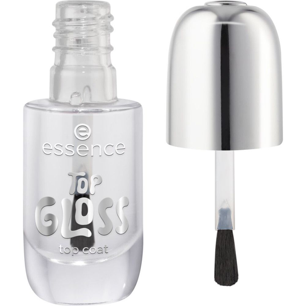 Klare Flasche mit silbernem Deckel und Pinsel. Aufschrift: Essence Top Gloss Top Coat.